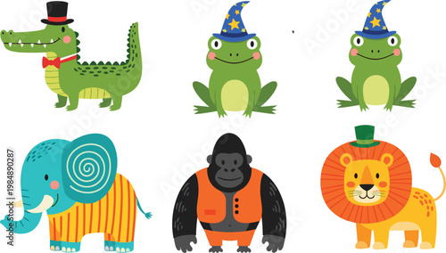 Cute cartoon animals in costumes crocodile frog elephant gorilla lion fun characters vector set