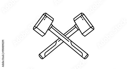 Crossed hammers icon representing building construction and industrial work with bold black outlines on a white background.