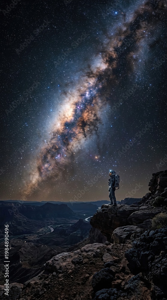 Fototapeta premium Astronaut gazes from a rugged cliff, contemplating the immense scale of cosmic existence, a brilliant galactic milky way illuminating the dark firmament above a grand terrestrial canyon.