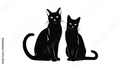 Two black cats sitting side by side a striking silhouette on transparent background