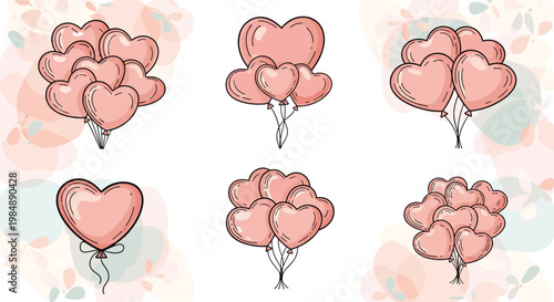 Pink heart shaped balloons in various bunch sizes and single arrangements on a soft pastel decorative background.
