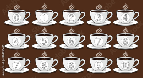 Numbered coffee cups from zero to ten arranged in rows on a brown background for counting or educational purposes.