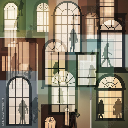Layered collage of windows, light, and human silhouette overlapping in abstract composition
