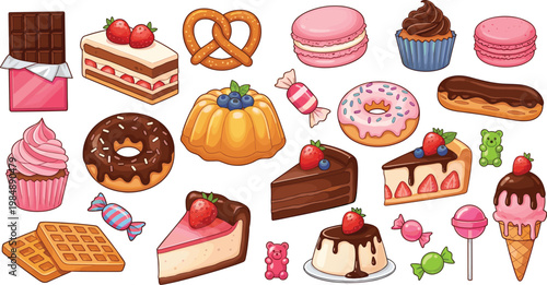 Sweet desserts collection cartoon cakes donuts macarons candy and pastries vector set