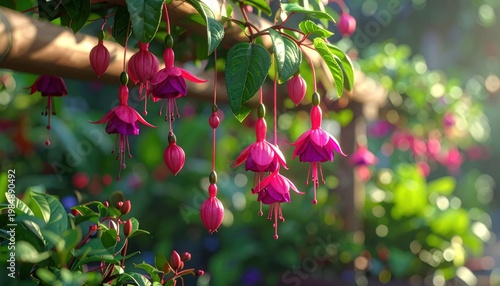 Beautiful Fuchsia Flowers Hanging in a Garden on a Sunny Day.