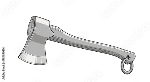 Hand axe tool with a sharp metal blade and a wooden handle depicted in a detailed illustrative style for outdoor use.