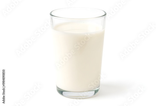 A glass of milk on a plain white background