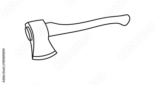 Simple line drawing of a hand axe tool with a metal blade and a smooth handle for various wood cutting and camping.