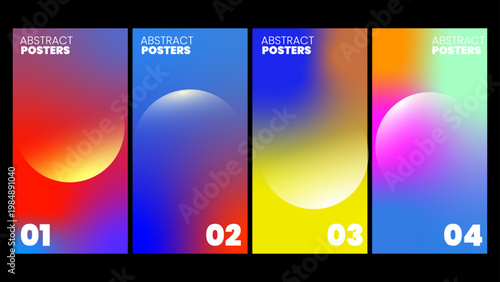 Set of four vibrant gradient sunrise posters with soft light effects isolated on transparent background