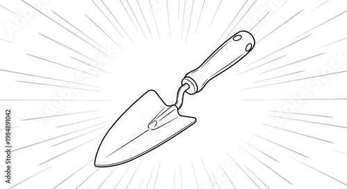 Gardening trowel hand tool illustration on a background with radiating lines representing growth and spring planting season activities.
