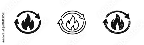 Fire energy cycle and heat recycling icons representing metabolic process