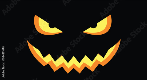Scary glowing jack o lantern pumpkin face with bright yellow eyes and jagged mouth on a solid black background for Halloween themes.