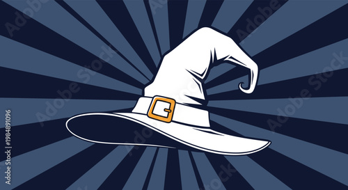 Pointed witch hat icon on a dark blue sunburst background for spooky Halloween character costumes and magic themed design elements.