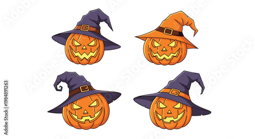 Four carved Halloween pumpkins wearing different witch hats for spooky seasonal decorations and festive holiday character designs.