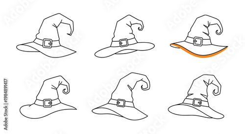 Set of witch hats for a classroom activity where one hat has an orange brim to teach visual discrimination and pattern recognition.