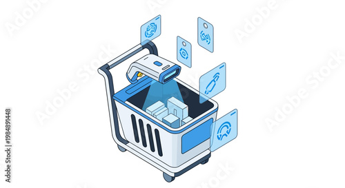 Smart Shopping Cart Isometric Illustration with Barcode Scanner and Digital Interface Icons for Automated Retail and Future E-commerce Technology