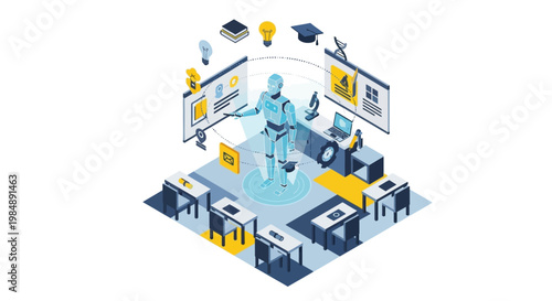 Isometric AI Robot Teacher in a Futuristic Virtual Classroom for Digital Education and Smart Learning