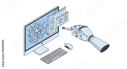 Robotic Arm and Artificial Intelligence in Molecular Science and Biotechnology Research on Computer Screen Illustration