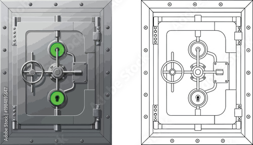 Detailed illustration of a vintage bank vault door showing both a colored and outline version perfect for security and finance concepts