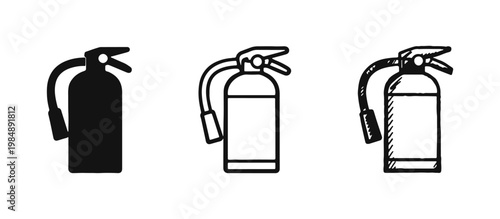 Fire extinguisher icon set in solid, outline, and hand-drawn sketch styles