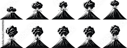 Volcano eruption silhouettes collection with lava explosion ash smoke natural disaster geology mountain illustration isolated black design set