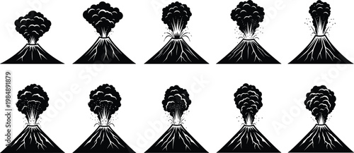 Volcano eruption silhouettes set with explosive lava ash smoke natural disaster geology illustration isolated black icons collection design
