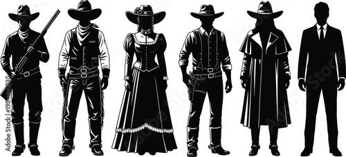 Western cowboy silhouettes set with men women gunslinger outfits vintage wild west characters isolated illustration retro american frontier collection