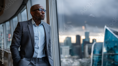 Black male executive standing pensively before floor-to-ceiling window, overcast dramatic sky framing city skyline, contemplative decision-making mood