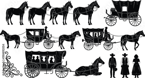 Vintage horse drawn carriage silhouettes set with western riders wagon coach antique transport icons historical equine illustration isolated collection
