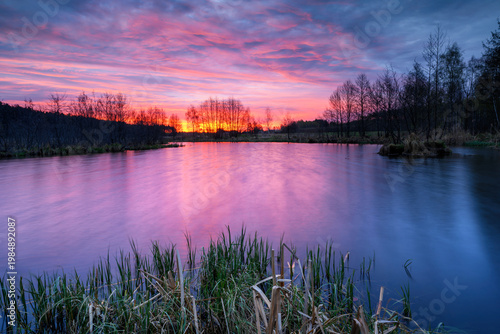 Beautiful sunrise over lake in the forest