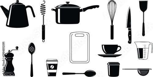 Collection of kitchen utensils silhouettes including kettle saucepan whisk knife cup measuring jug cutting board spoon coffee cup icons set