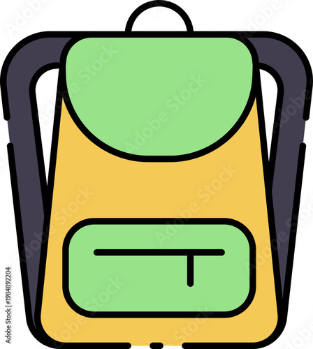 A colorful and modern flat icon illustration of a yellow and green backpack with a front pocket and straps, perfect for travel or school themes