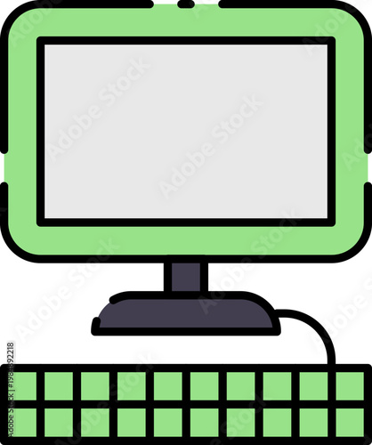 A retro-style desktop computer with a monitor and keyboard, featuring a soft green hue and a minimalist design for a vintage tech aesthetic