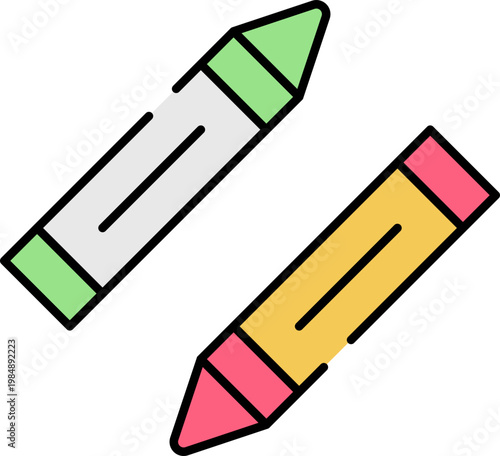Two vibrantly colored crayons, one green and one yellow, depicted from a top-down perspective, showcasing their pointed tips and cylindrical bodies