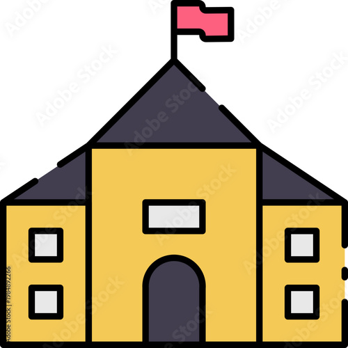 A stylized depiction of a classic public building with a flag atop its roof, symbolizing governance and community