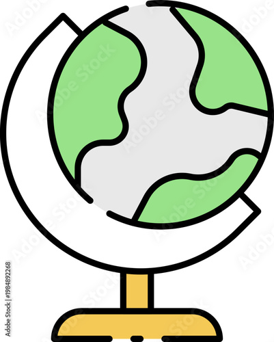 A stylized illustration of a globe on a stand, depicting continents and oceans in green and white, ideal for educational or travel-related content