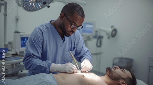 Surgeon Examines Male Patients Abdomen