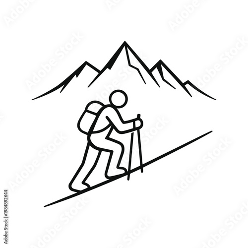 Line art icon of a hiker climbing a mountain with trekking poles mountain climbing trekking