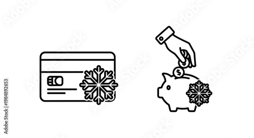 Credit card expense freeze and piggy bank spending freeze icons with spending investment restriction collection accumulation security protection background