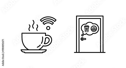 Hot steaming coffee cup with wi-fi symbol and door with thought bubble of coffee and donut beverage steaming wireless internet connection relaxation illustration lifestyle caffeine entrance