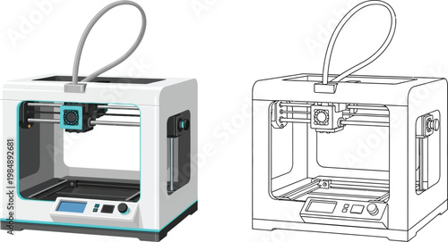 Modern 3D printer machine one in full color and one outline illustration isolated on white background for technology and manufacturing concepts