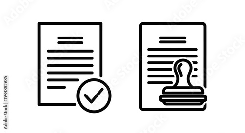 Document with check mark and document with rubber stamp icon document verification approval confirmation agreement official signature illustration business completion accepted rejected