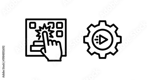 Trigger and action event icons illustrating system processes automation interactive functions with a clicking hand and gear play button lightning automation interaction function interface