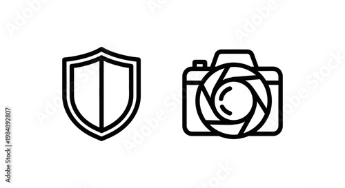 Business concept icons for low risk assessment and low exposure photography settings represented by a protective shield and digital camera illustration on white background with exposure, security