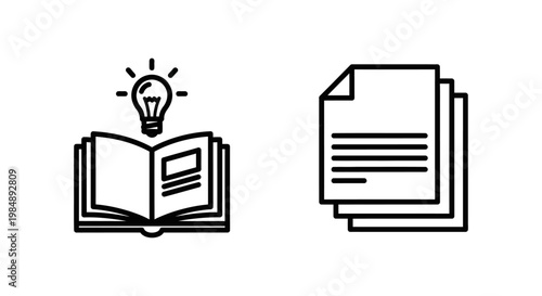 Open book idea and published articles linear icons representing research knowledge and inspiration for authors and students with lightbulb document learning education research information