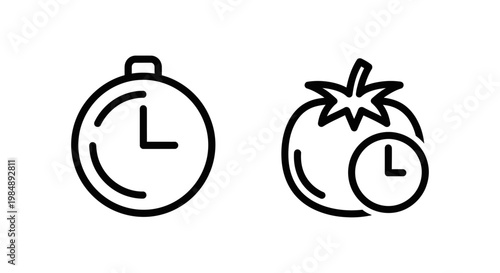Focus timer and pomodoro productivity icons featuring classic stopwatch and tomato symbol for time management and efficient work sessions pomodoro management productivity efficiency stopwatch