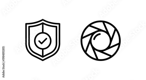 Set of outline icons for verified low risk security with checkmark shield and photography low exposure aperture iris symbol for business and creative projects checkmark exposure aperture security