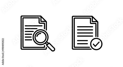Business icons for reviewing agreement and review status featuring legal documents with magnifying glass and checkmark symbols for contract management and approval workflow document agreement