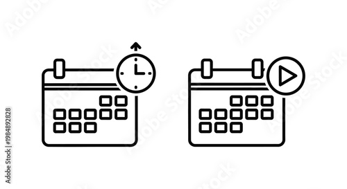 Technology automation icons for schedule trigger and schedule action showing calendar sheets with clock and play button symbols for workflow management and task timing calendar schedule automation