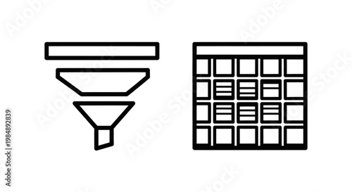 Sales funnel and data grid table icons representing marketing strategy and organized information for business management and sorting with business organization management information marketing